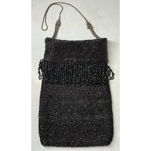 Antique Vintage 20th C.  Dark Black Red Beaded Flapper Art Deco Glass Purse Bag - Picture 1 of 16
